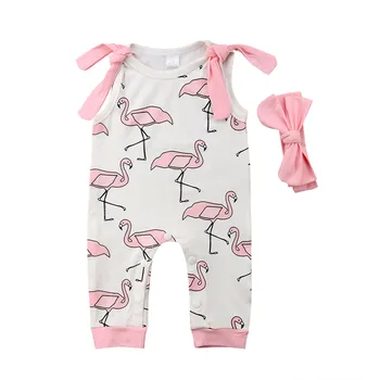 

2Pcs Toddler Baby Kid Girls Sleeveless Cotton Romper Flamingos Jumpsuit Headband Summer Outfits Girl Clothing 0-24M