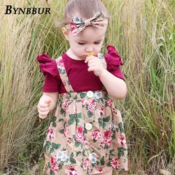Bynbbur/однотонный топ и платье с цветочным принтом, комплекты из 2 предметов, милые комплекты с эластичной резинкой на талии для девочек, милые
