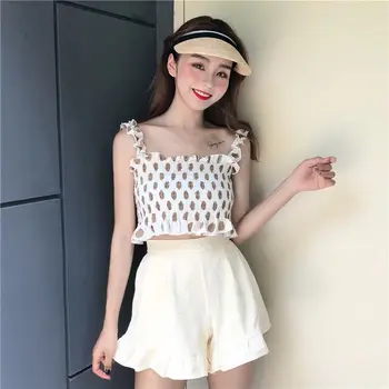 

Woman Summer Sexy Sweet Sleeveless Ruffled Edge Wave Point Tops and Simple Solid Wide-Leg Shorts Hot Sets For Woman