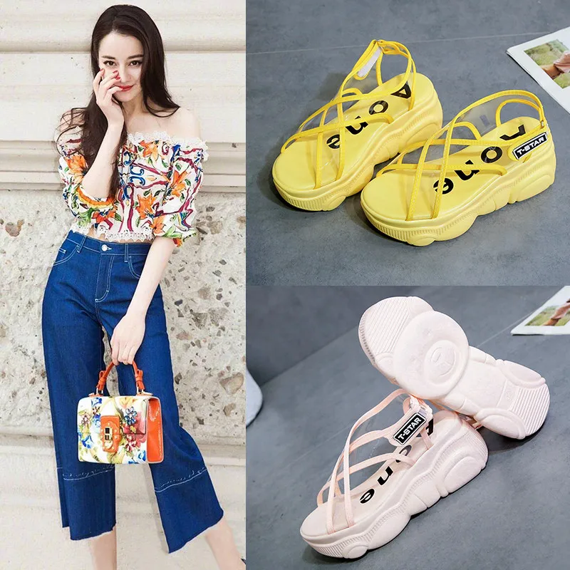 

2019 Design Pink Yellow Transparent PVC Thick Bottom Platform sandals women hook-loop Summer wedges shoes sandalia feminina
