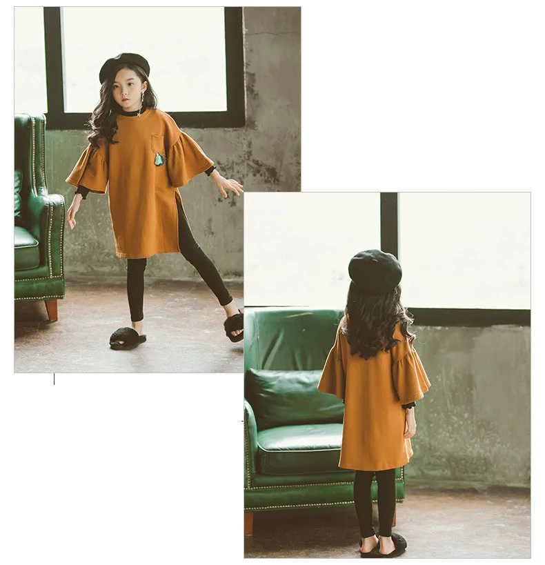 teenage girls long sleeve dresses with pockets autumn spring 2018 brown green long sweatshirts hoodies dress baby girl clothes (9)