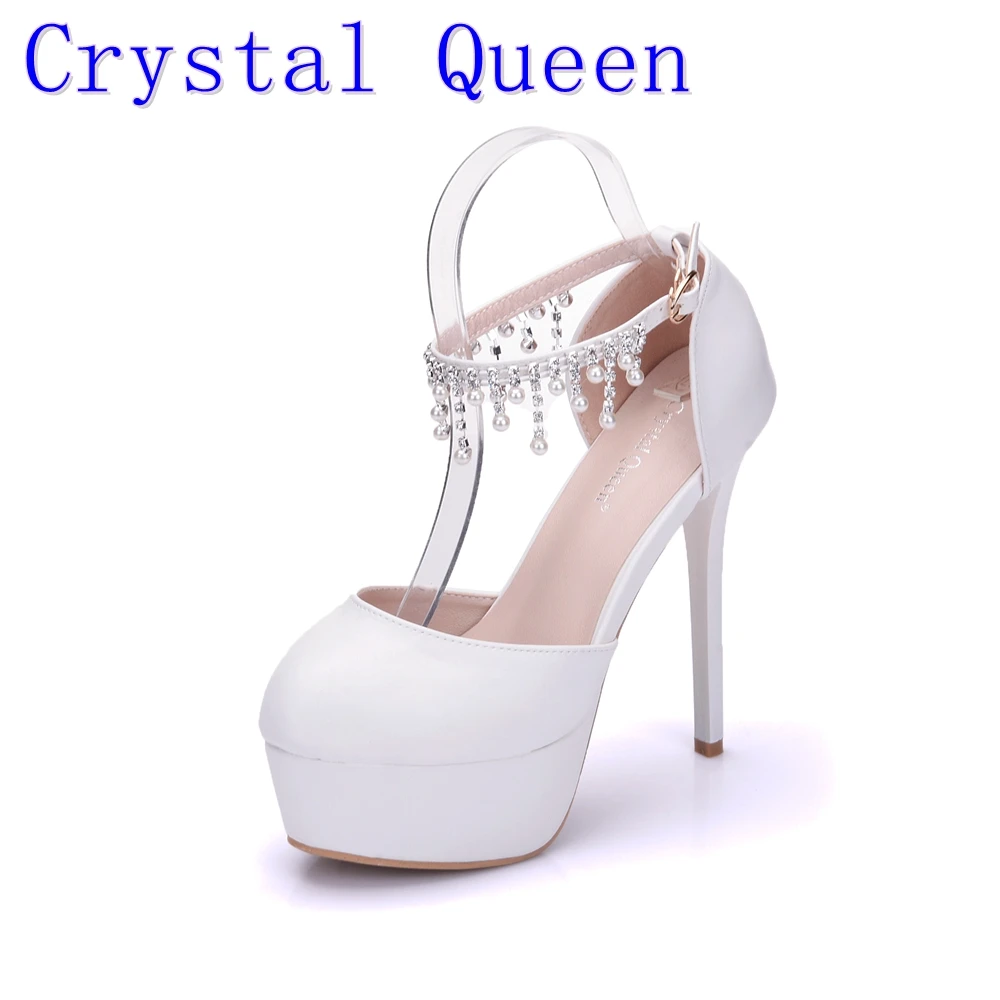 Crystal Queen Woman White Wedding Shoes High Heel Round Toe Platform