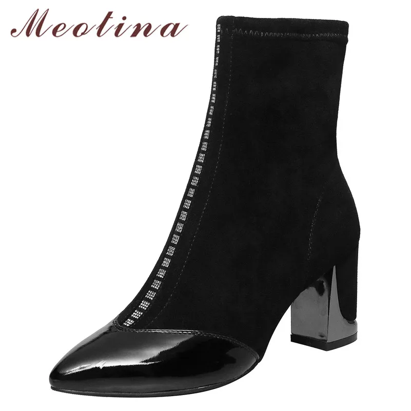 

Meotina Genuine Leather Ankle Boots Women Crystal Thick High Heel Elastic Boots Fall Pointed Toe Shoes Ladies Winter Big Size 43