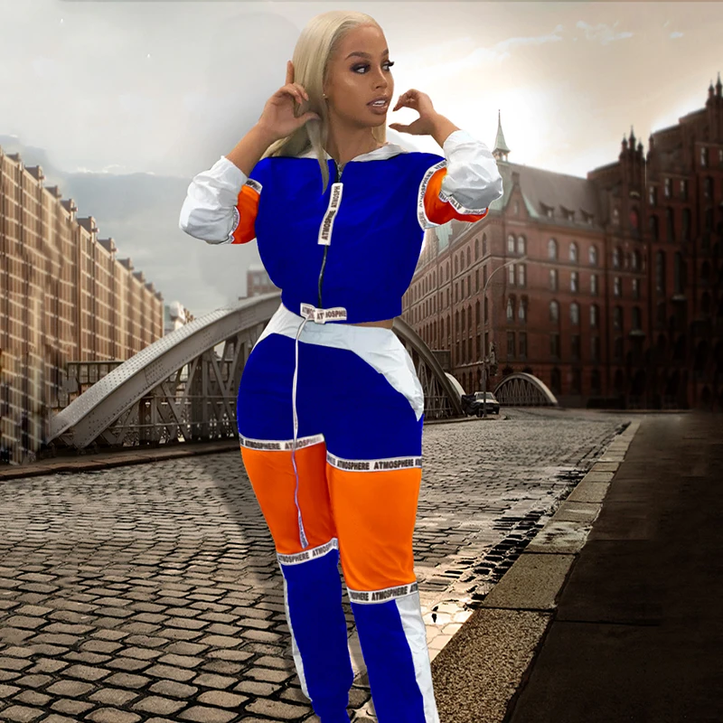 

Casual Multi-color Patchwork Block Spliced 2 Piece Set Tracksuit Streetwear Women Hoody Crop Top And Pockets Leisure Pants Suits