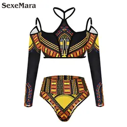 Африканский принт комплект из двух предметов купальные костюмы 2019 Женские Длинные рукава сексуальный комплект бикини Холтер африканские