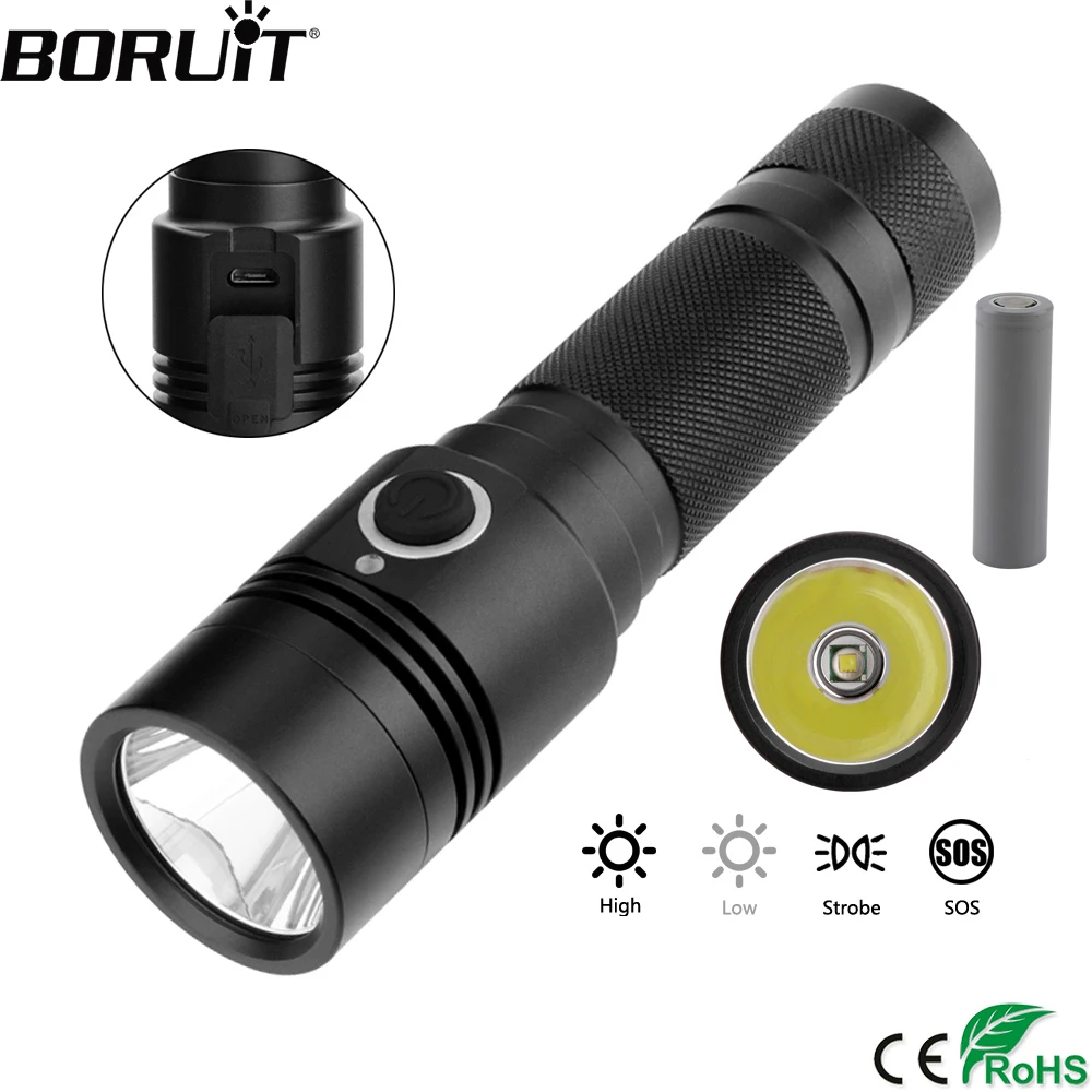 

BORUiT YC21 Flashlight 800LM XML-T6 Torch USB Charger 4-Mode Flash Light Outdoor Camping Hunting Lantern by 18650 Battery