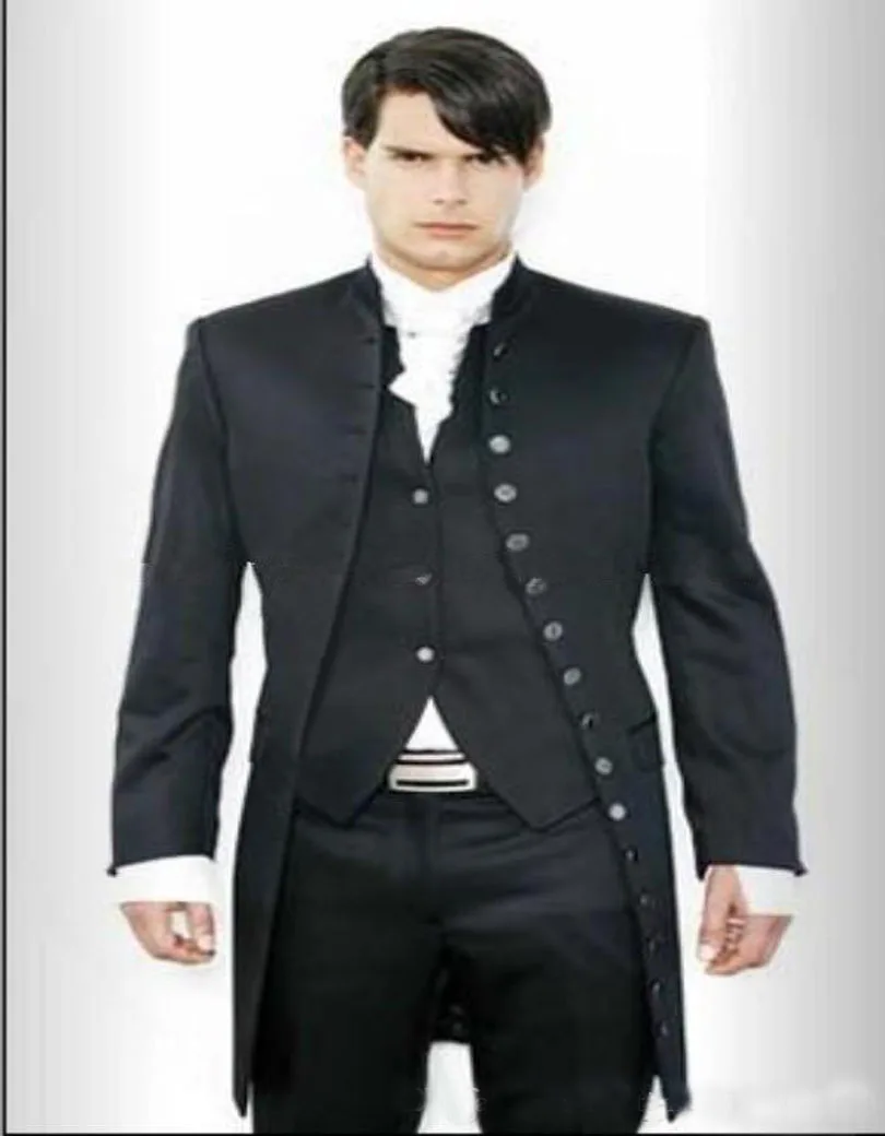 

2017 New Design Single Breasted Long Black Groom Tuxedos Stand Collar Men's Suit Groomsmen Mens Wedding Suits(jacket+pants+vest)