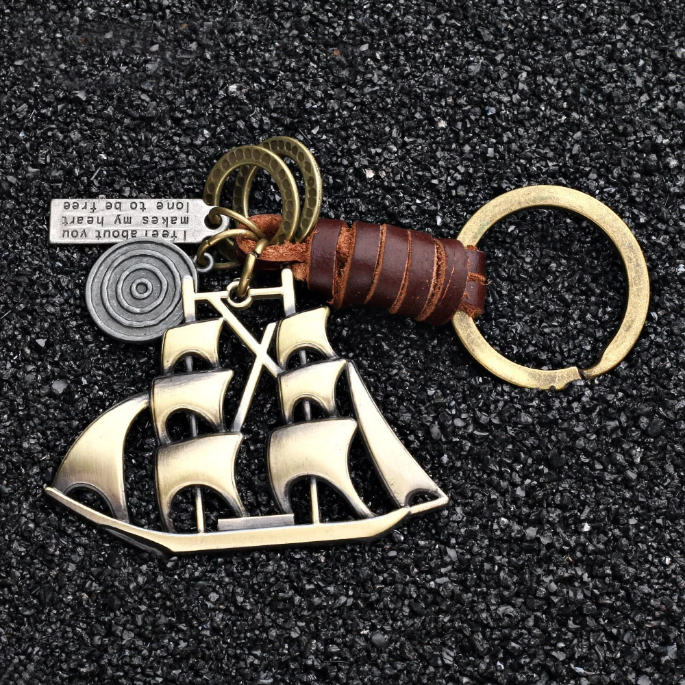 

2019 fashion charm jewelry Vintage Handwork Weave Genuine Leather Sailboat Keychain simple Alloy Accessories Men Key Chain