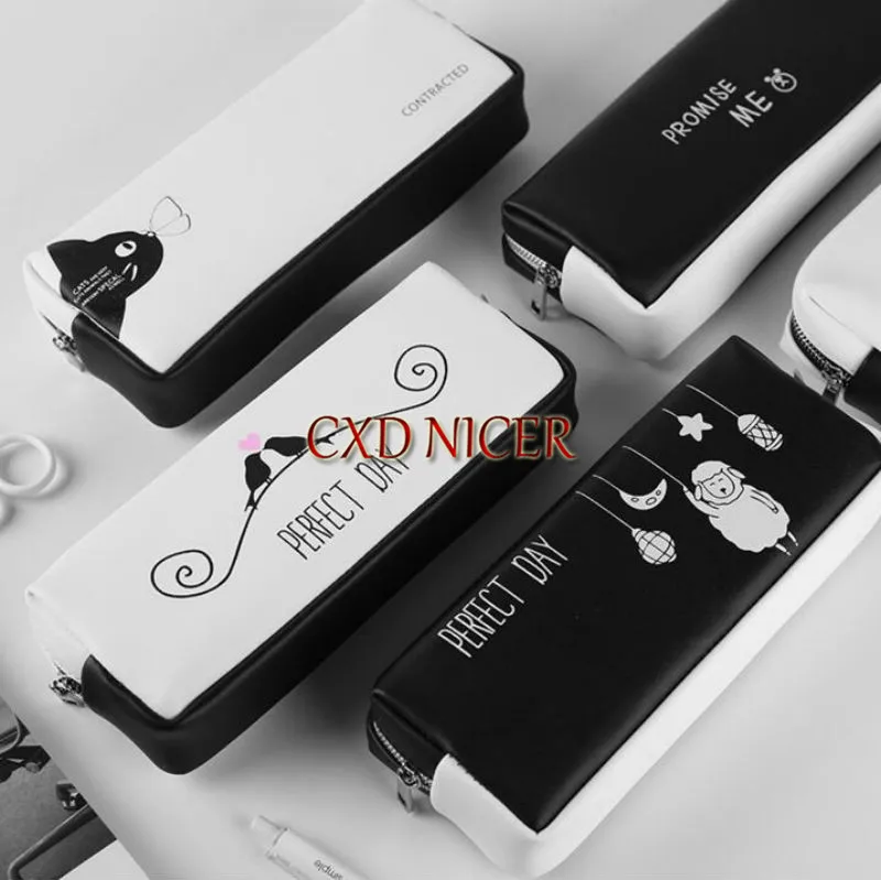 

Black And White PU Leather Pencil Case Zipper Simply Style Fresh Office Pencil box For Girls And Boys School Supplies Pencil Bag