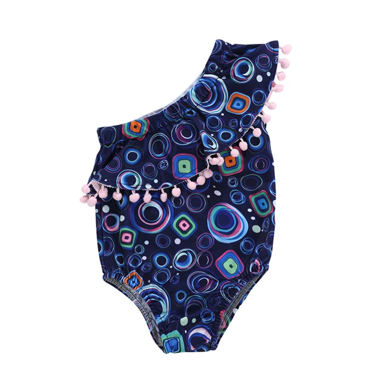 

Baby Girl'S Swimsuit Girls Blue Slanting Shoulders Fur Ball print Pattern One-Piece Swimsuit Swimsuit