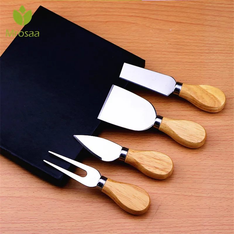 

4pcs/set wood Handle sets Bard Set Oa k bamboo Cheese Shovel Cutter Knife slicer Kit Kitchen Pizza cutter Useful Cooking Tools