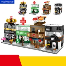 Маленькие частицы город мини уличный вид строительные блоки красота магазин Аптека суши магазин Модель Набор Кирпичи игрушки для детей