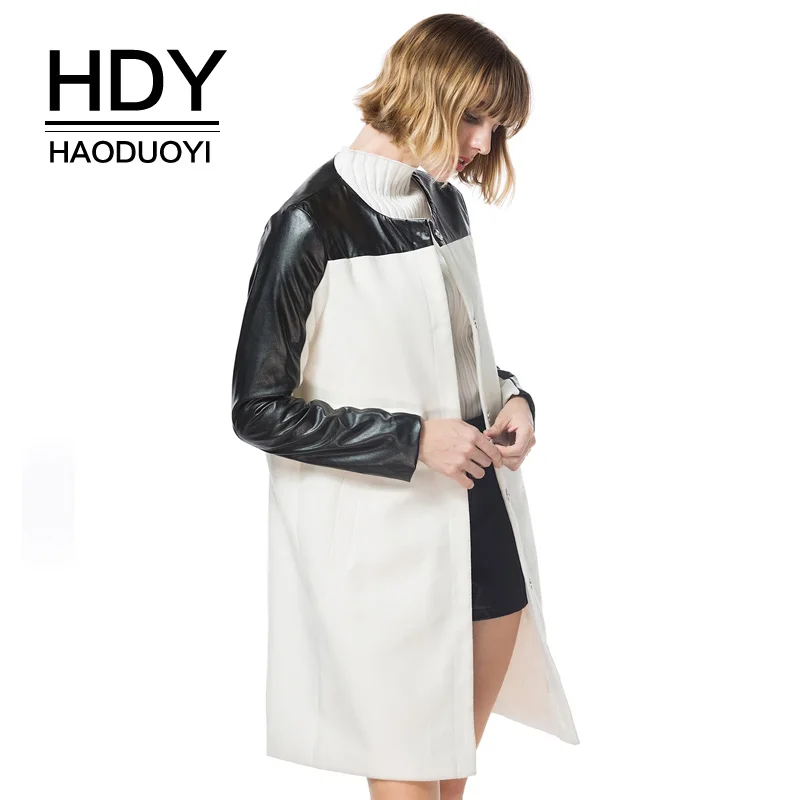 HDY Haoduoyi 2017 осеннее пальто Шерстяная Смесь искусственная кожа Лоскутная тонкая