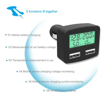 

Fashion Multifunction 5-In-1 Auto Car Mobile Phone Charger Voltage Current Temperature Double USB Liquid Crystal Display M8617