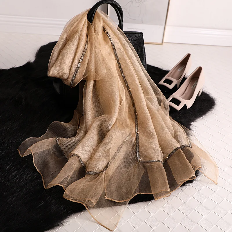 

Pure Silk Cashmere Scarf Women Spring Summer Scarves Solid Color Golden Beads Shawls Female Wraps 200*70cm