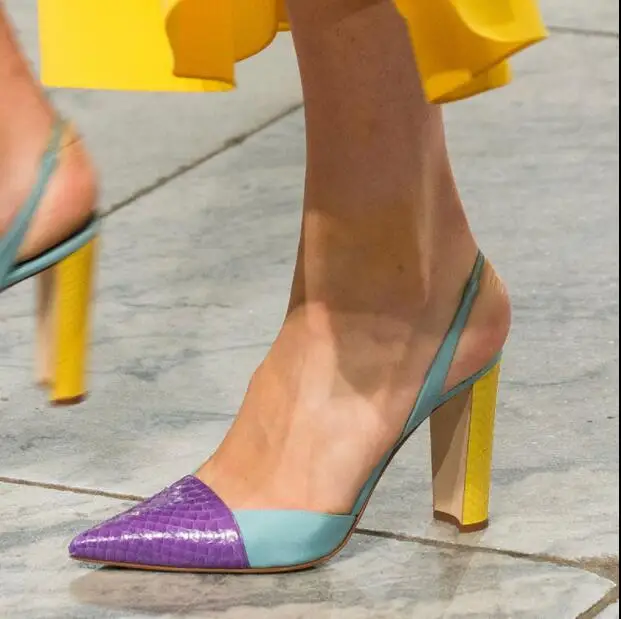 Color Patchwork Women Pumps with Snakeskin Chunk Heel Summer Shoes Pointed Toe Runway High Heels Luxury Pumps zapatos de mujer Color Patchwork Women Pumps with Snakeskin Chunk Heel Summer Shoes Pointed Toe Runway High Heels Luxury Pumps zapatos de mujer