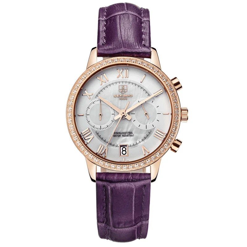 

SEKARO DS Switzerland watches men luxury brand Chronograph watch female large Diamond pearl dial wristwatch purple