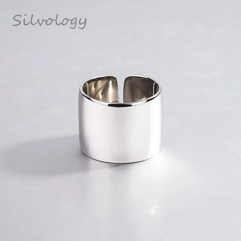 

Silvology 925 Sterling Silver Wide Face Glossy Rings Temperament High Quality Elegant Open Rings For Women Texture Jewelry Gift