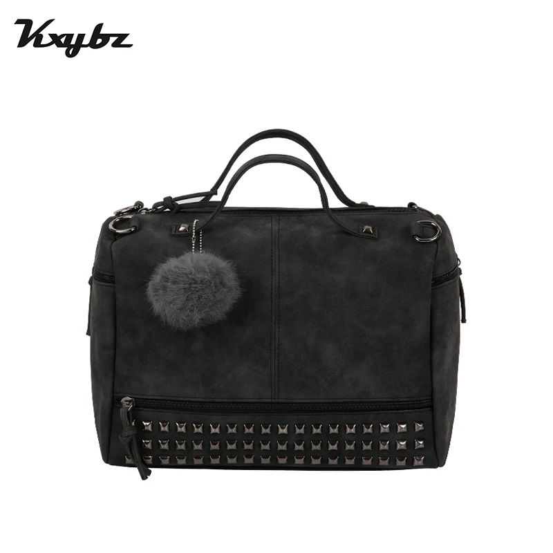 

KXYBZ Fashion Rivte Nubuck Leather Women Handbags Large Capacity Vintage Female Shoulder Bag Fur Ball Ladies Tote Bgas K2029
