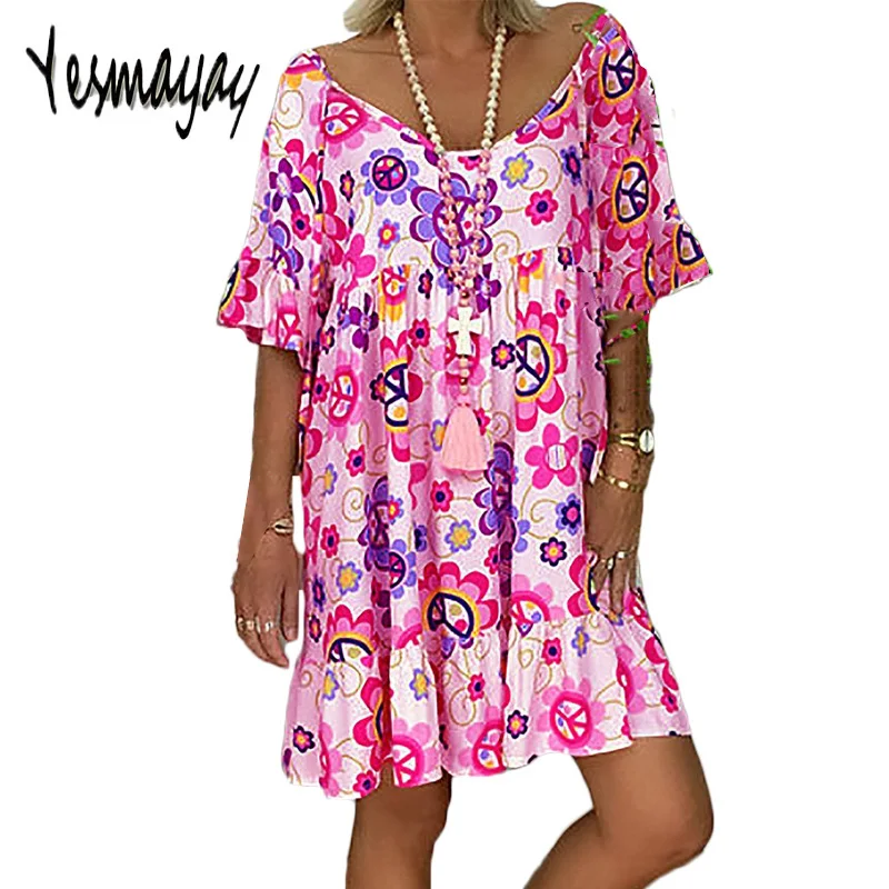 

Streetwear Women Dress Summer Elegant Plus Size 5XL Vintage Print Sexy Women Dresses Knee Length Short Sleeve Robe Femme 2019