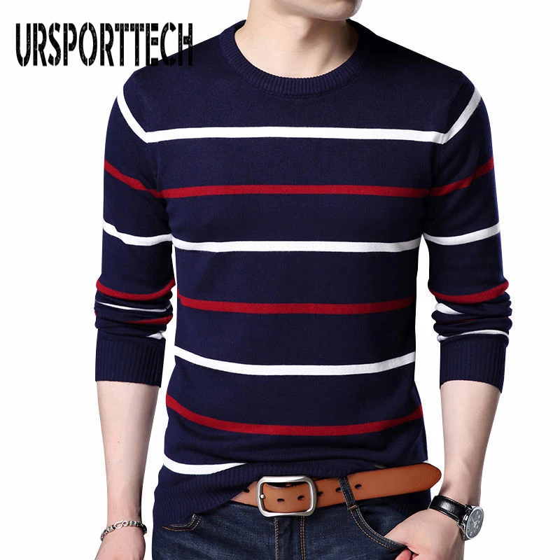 

URSPORTTECH Striped Sweater Men 2019 Autumn Winter Slim Fit Sweaters Men Casual Warm Knitted O-Neck Pullover Sweater For Men 4XL
