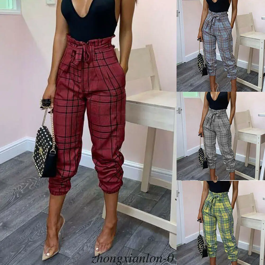 

Women Casual Tartan Ruffle High Waist Trousers Ladies Summer Office OL Plaid Loose Calf-Length Pants