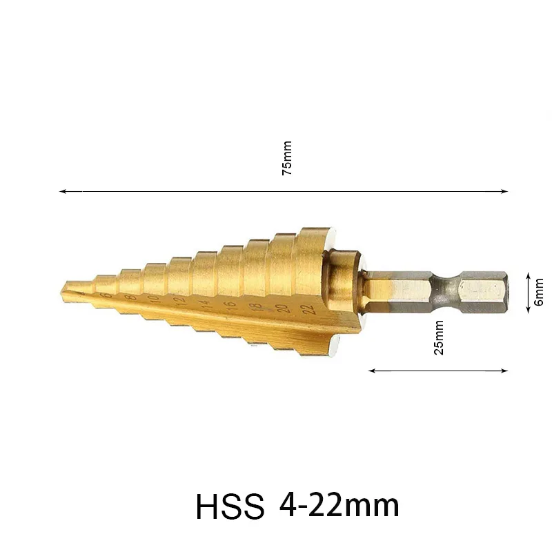 4-12 4-20 4-22 4-32 HSS ступенчатое сверло с титановым покрытием для 4241 металла высокоскоростная стальная деревянная дырочка ступенчатое конусное сверло - Цвет: 4-22mm
