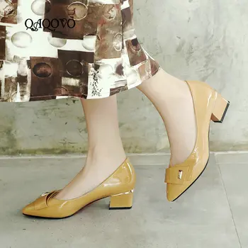 

2019 Srring Autumn Shoes Women Fashion Patent Leather Pumps Square Low Heels Slip On Dress Casual Shoes Female