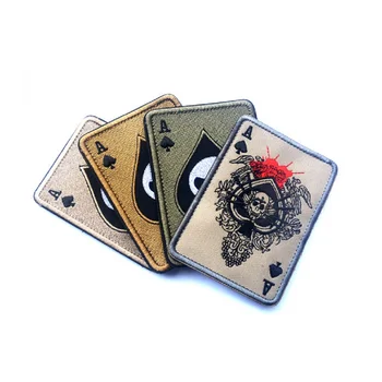 

10pcs/lot 3D high quality 100% embroidery patches loops and hook Death Card Rectangular Patch Spade A Poker Patch Morale Armband