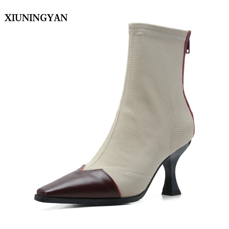 

XIUNINGYAN 2018 Fashion New Stretch Fabric+genuine Leather Boots Women Shoes High Heels Autumn Mid-calf Boots for Women Shoes