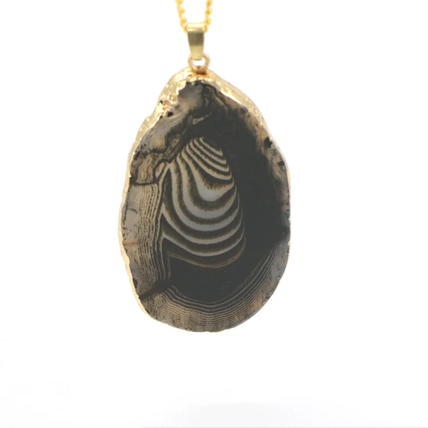 Natural Black Agate Pendant gold plated necklace (9)