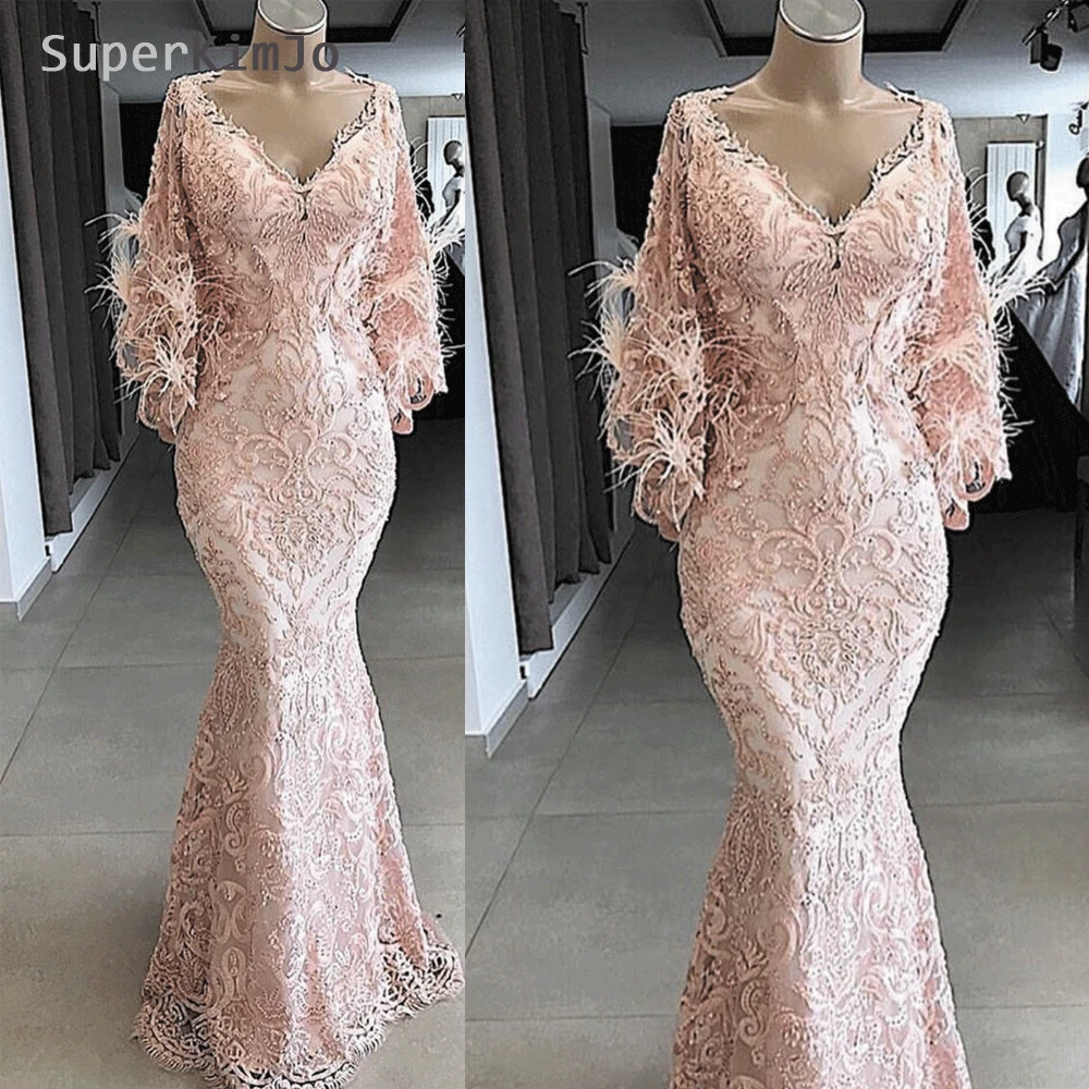

SuperKimJo 2019 Abendkleider Mermaid Lace Applique Evening Dresses Long Pink Beaded Luxury Feather Evening Gown