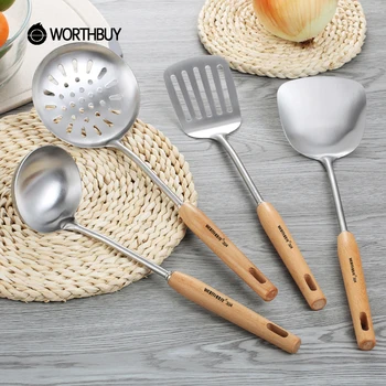 

WORTHBUY Kitchen Utensils Non-Slip Spatula Turner Ladle 304 Stainless Steel Kitchen Cooking Tool With Wooden Handle Kitchenware