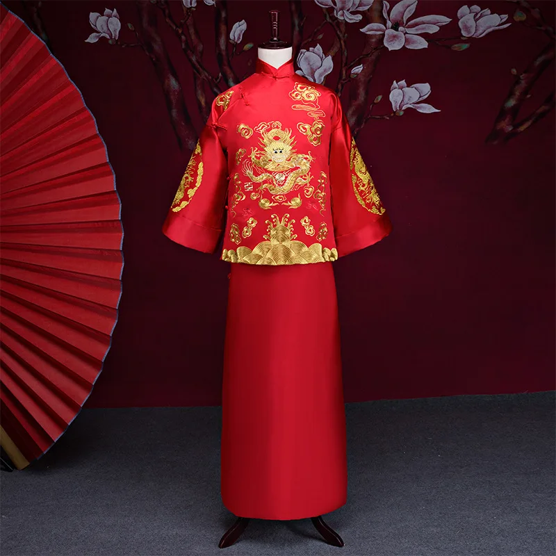 Мужской красный cheongsam тост костюмы жениха платье куртка длинное Традиционный