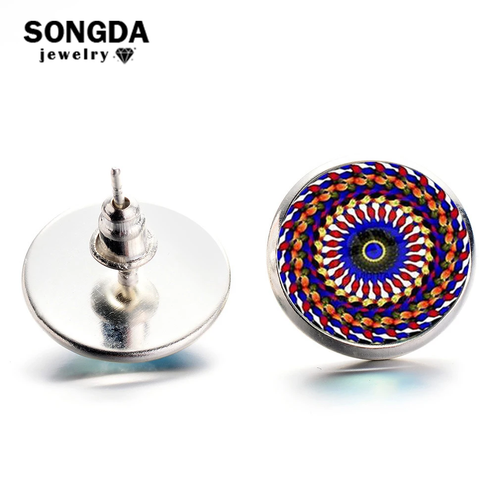 

SONGDA Mandala Stud Earrings Tibetan Buddhism Sacred Geometry Noble Pattern Glass Cabochon Earrings for Women Handmade Jewelry