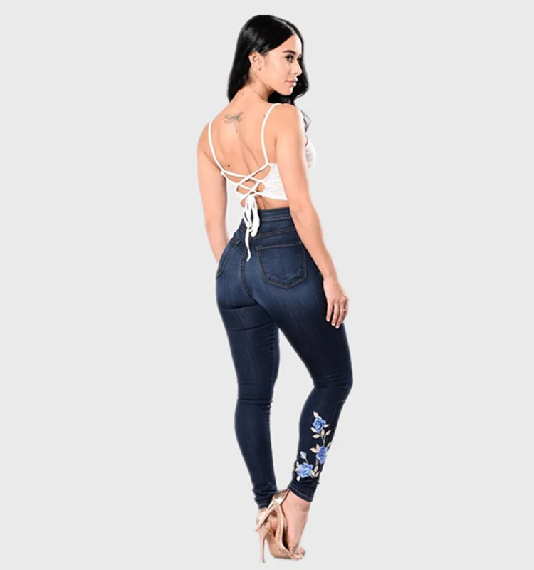 [EL Barco] хлопковые повседневные джинсы с цветочной вышивкой Женские мягкие синие узкие брюки с высокой талией женские джинсовые брюки Размер 3XL