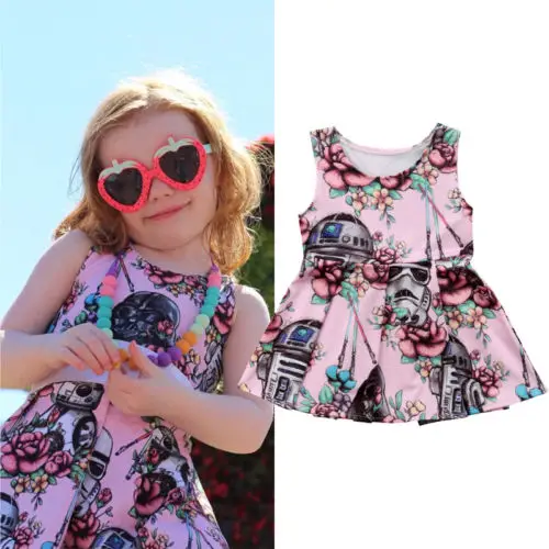 

2018 New Kid Girl Star Wars Floral Dress Sleeveless Cute Baby Girl Cartoon Casual Dresses Summer Children Outfit Costume 2-6T