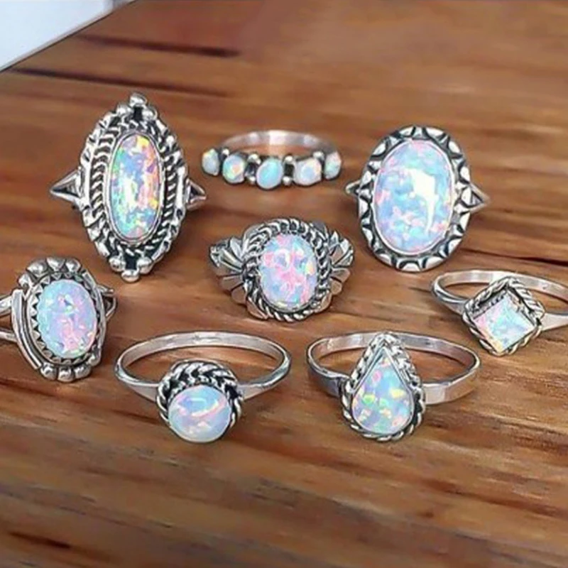

8PCS/Set Vintage Opal Knuckle Rings Set for Women Boho Silver Color Water Drop Pattern Flower Rings Party Jewelry