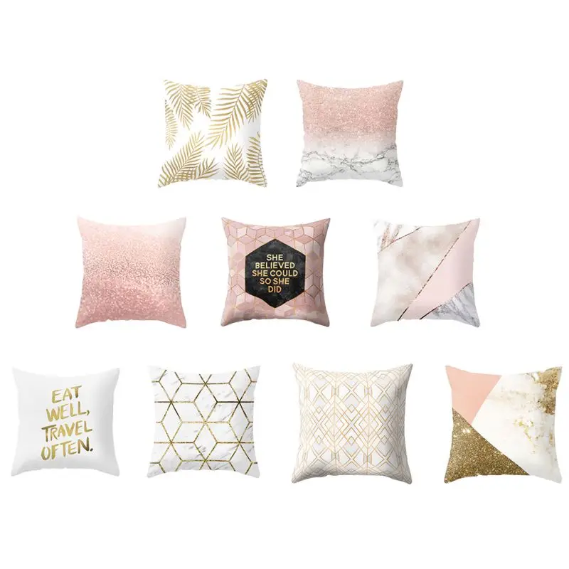 

Hot Geometric Simple Alphabet Pattern Peach Suede Gold Shining Printed Throw Pillow Case Home