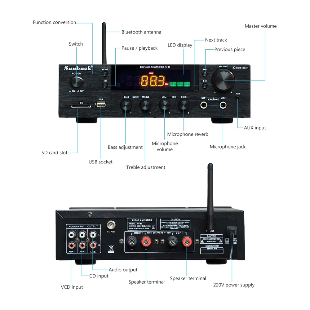 Amplificador Bluetooth стереофонический усилитель HiFi 2,0 караоке домашний кинотеатр усилитель мощности профессиональная поддержка FM USB SD карта