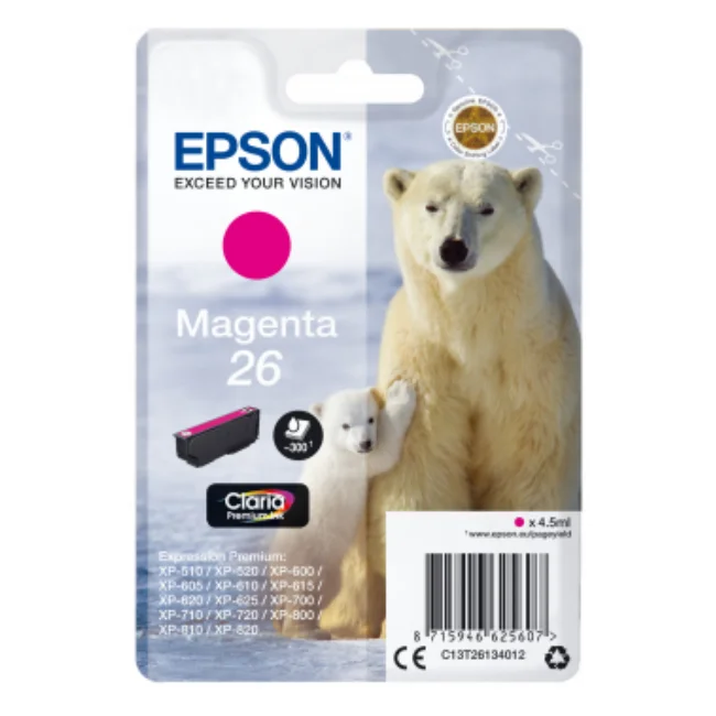 

Epson Singlepack Magenta 26 Claria Premium Ink, Magenta, Epson, XP-600/ XP-605/ XP-700/ XP-800, Inyeccion de tinta, 4,5 ml, CE