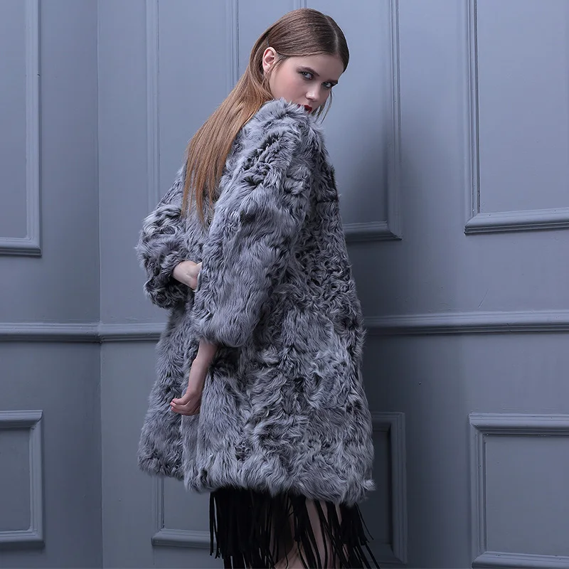 

Genuine real natural wool fur coat fashion Slim and long sections Lamb Fur women v neck jacket
