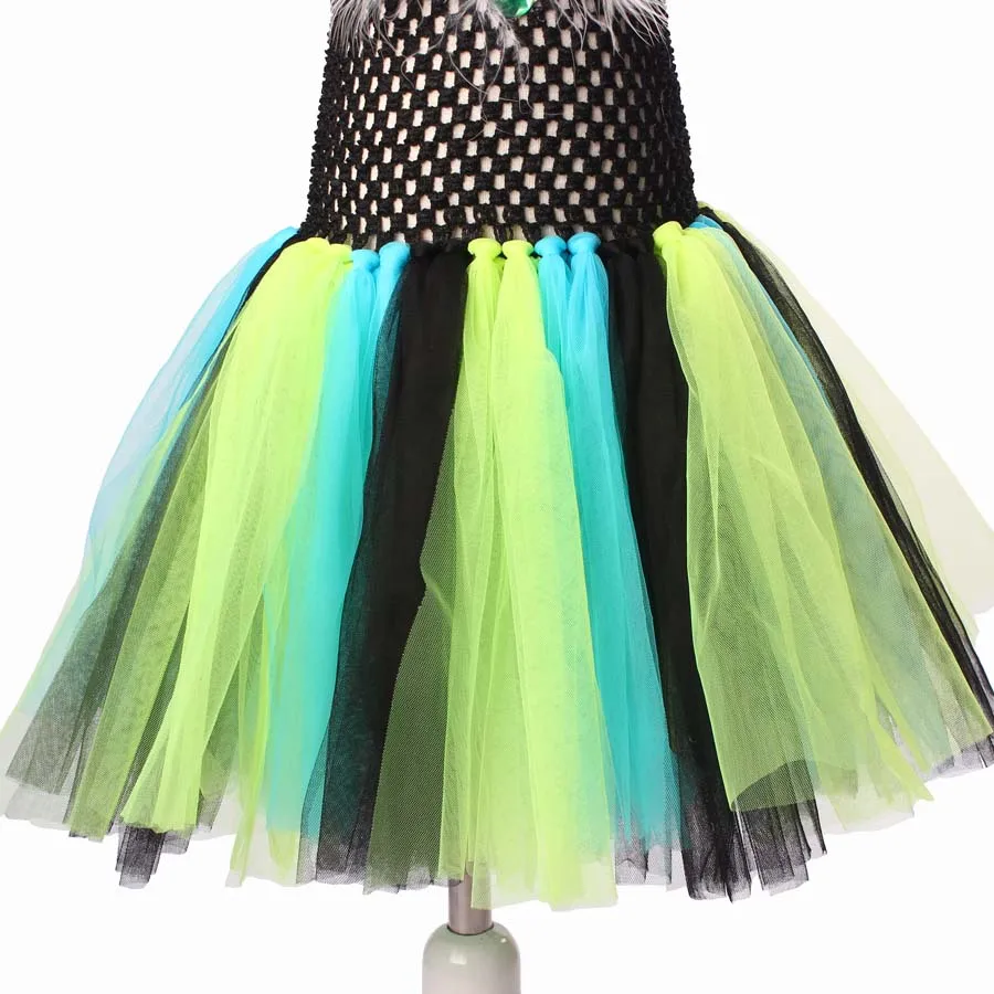 Stunning Peacock Tutu Dress and Matching Hair Clip Girls Peacock Feather Dress Halloween Photo Props Fancy Cosplay Clothing (7)