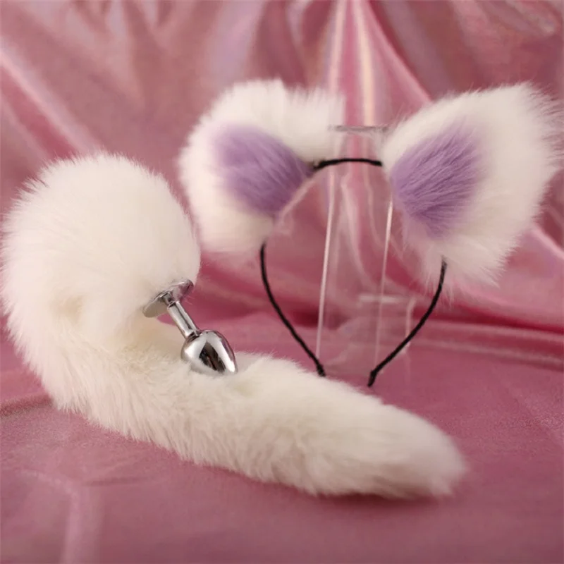 Cute Soft Cat ears Headbands with 40cm Fox Tail Bow Metal Butt Anal Plug Erotic Cosplay Accessories Adult Sex Toys for Couples