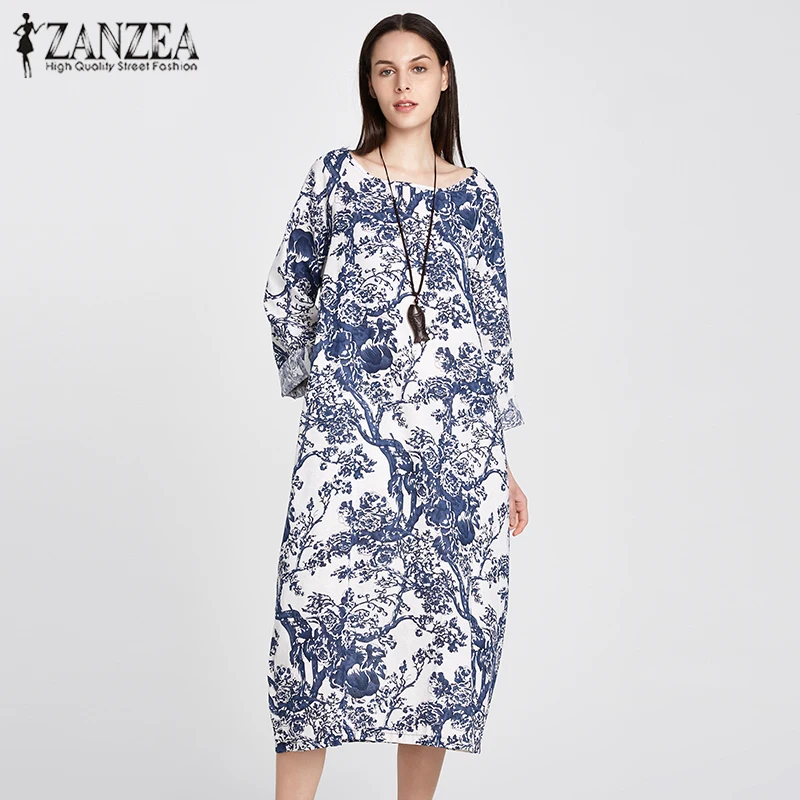 

ZANZEA Autumn Women Vintage Floral Print Linen Dress Long Sleeve Baggy Casual Loose Party Long Dress Kaftan Plus Size 2019