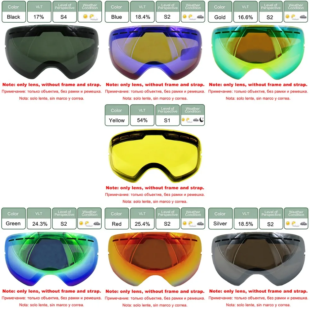 LOCLE UV400 противотуманные лыжные очки линзы очки слабый светильник облачно осветляющие линзы для S-3100/GOG-201/HB3/L900(только линзы