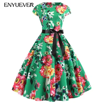 

Enyuever Robe Vintage Dress Summer Women Clothes 2019 Pinup Short Sleeve Midi Vestido Casual Floral Print Party Rockabilly Dress