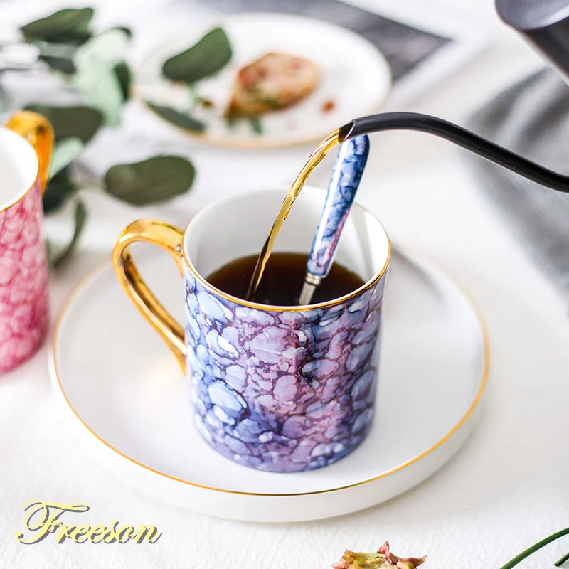 

Noble Bone China Coffee Mug with Spoon 350ml Luxury Porcelain Tea Mug British Coffee Cup Ceramic Tea Cup Cafe Drinkware Dropship