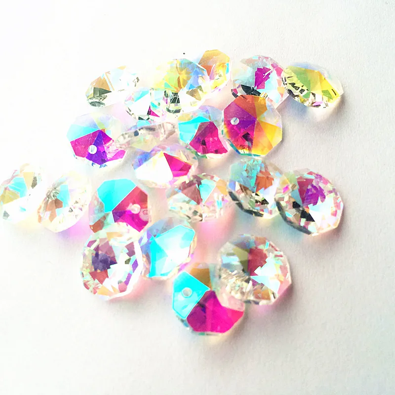 

Free shipping 100pcs/lot Clear AB 14MM Glass Crystal Chandelier Octagon Beads in One Hole For DIY Curtain Beads Supplies