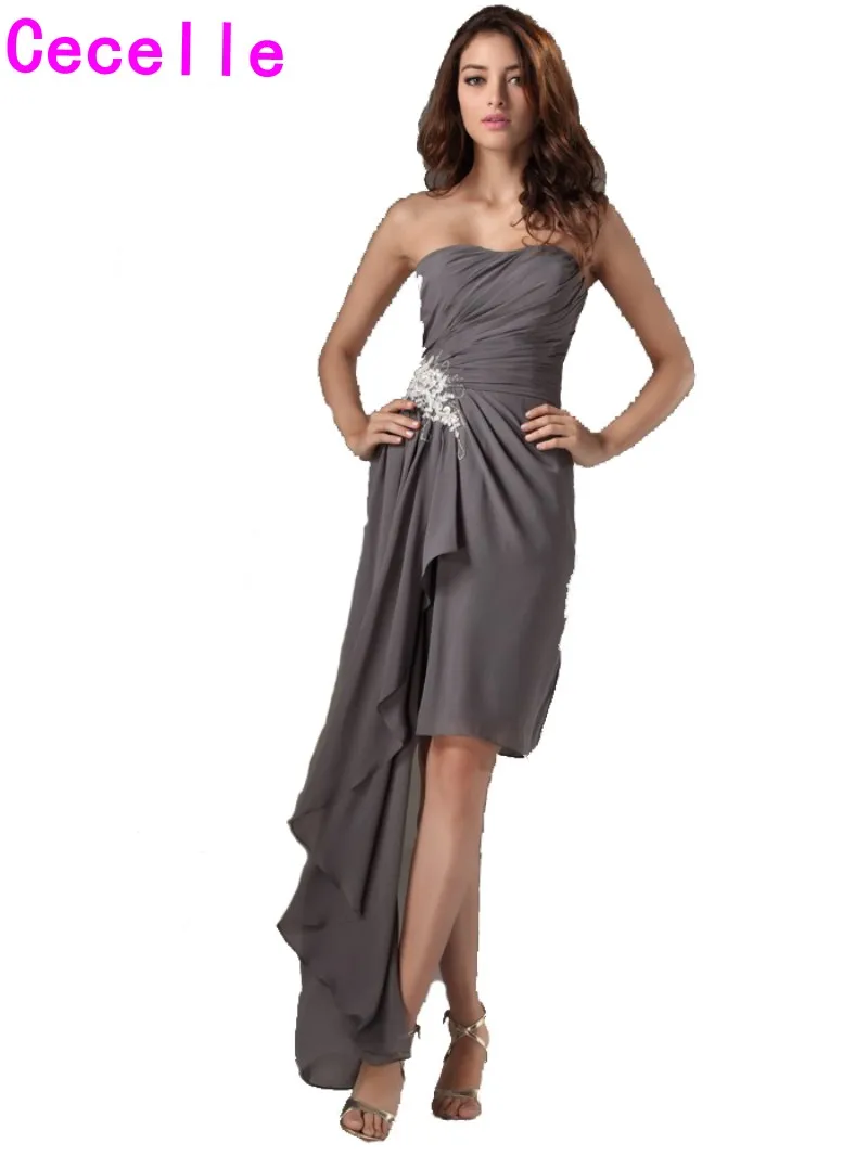 Grey Short High Low Bridesmaid Dresses Sheath Sweetheart Pleats Chiffon